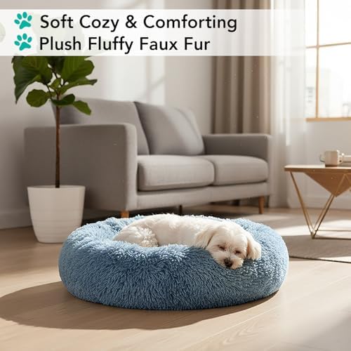 PetAmi Calming Donut Dog Bed, Washable Faux Fur, 23 Inch Small, Blue
