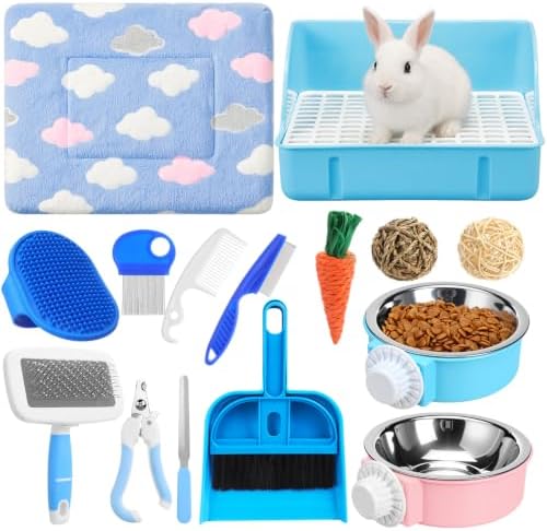 Reallnaive 15 Pcs Rabbit Starter Kit Small Rabbit Litter Box Girls Gift Animal Grooming Kit Bunny Toys Bowl Blankets with Cleaning Set for Guinea Pig Accessories(Bright Blue)
