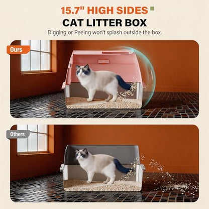 Stainless Steel Litter Box with Lid, Extra Large Enclosed Cat Litter Pan for Big Cats, High Sided Metal Litter Box with Enclosure, Front & Top Entry, Easy Clean, Anti-Leakage, Includes Scoop, Pink