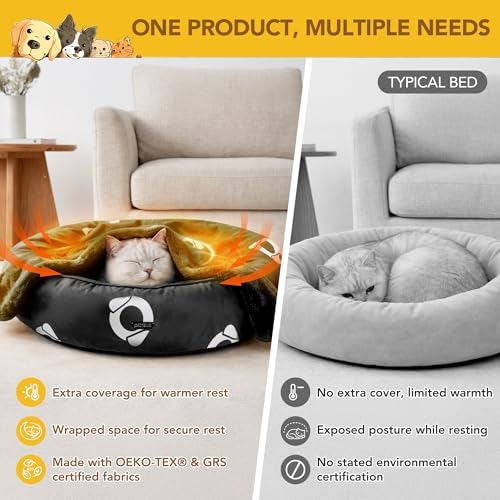 PETNOVO Dog Bed with Reversible Blanket for Cats and Small to Medium Dogs