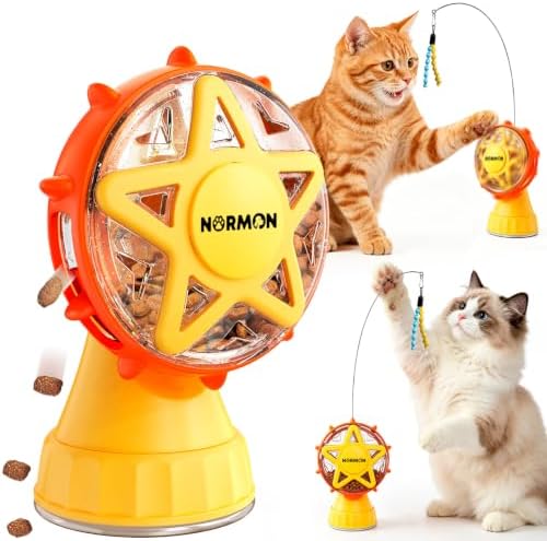 NORMON Cat Treat Dispenser, Ferris Wheel Puzzle Feeder Toy with Teaser Wand