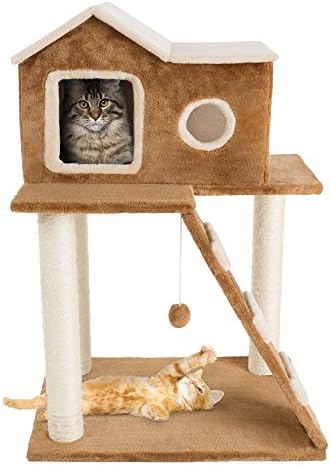 35in Cat Tree with Climb-Up Ladder, Cat Condo, 3 Sisal Rope Cat Scratching Posts, and Hanging Toy - Cat Tower for Indoor Cats by PETMAKER (Brown)