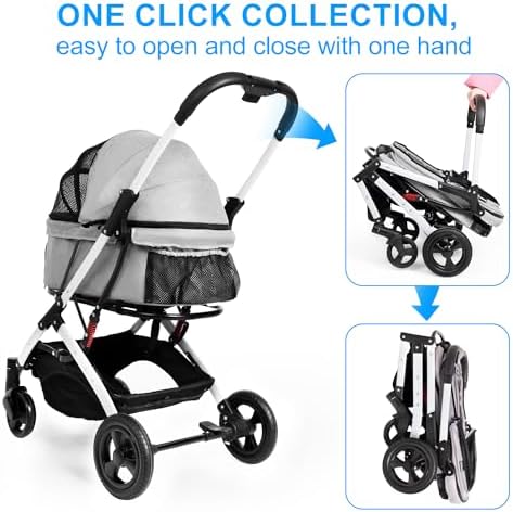 Pet Stroller for Medium Small Dog & Cat, Foldable Lightweight Dog Stroller with Storage Basket Pet Travel Carriage with Safety Leashes, 4 Wheel, Gray