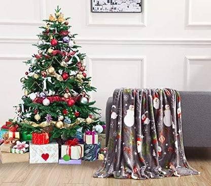 Elegant Comfort Velvet Touch Ultra Plush Christmas Holiday Printed Fleece Throw/Blanket-50 x 60inch, (Santa Snowman Gray)