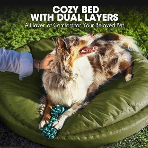 ClevaHome Orthopedic Dog Bed for Large Dogs, 36 inches Dual Layer Water Repellent Round Pet Bed with Washable Cover Nonslip Bottom (Olive Branch)