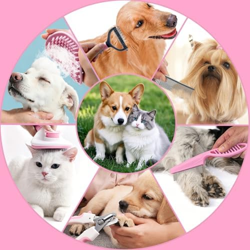 7PCS Dog Grooming Brush Kit for Shedding and Matted Fur, Self-Cleaning Slicker Brush with Undercoat Rake, Flea Comb for Long-Haired Pets, Pink