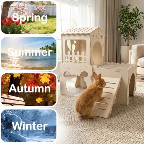 Extra Large Rabbit Castle, Wooden Bunny House & ,Detachable Rabbit Hideaway, Indoor Hamster Castle with Ramp, Small Animal Houses & Habitats for Guinea Pig Chinchilla Ferret(3 House with Sisal Mat)