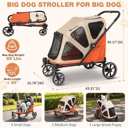 Dog Stroller for Medium Dogs 88lbs W/Ramp for Easy Access Foldable Orange