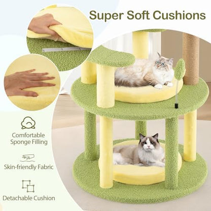 PETSITE 51-inch Avocado-Themed Cat Tree, Multi-Level Modern Cat Tower with Jute Scratching Posts, Avocado-Shaped Dangling and Spring Toy, and Removable Cushions, Cute Cat Tree Tower for Indoor Cats