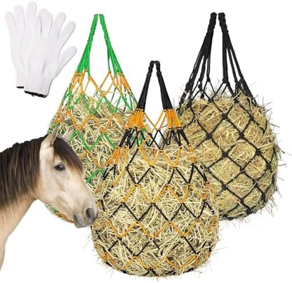 3PCS Hay Net for Horses - Ultra Slow Feed Hay Net with 3 Pairs Gloves, 2.36"x2.36" Holes 40” Horse Slow Feed Hay Nets for Stall, Trailer, Pasture - Heavy-Duty Hanging Feeders (Black+Yellow+Green)