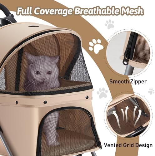 Foldable Pet Stroller 4 Wheels for Small Medium Dogs Cats,Khaki
