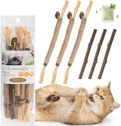 6Pcs Silvervine Sticks for Cats with Catnip Bag, Cat Chew Toys for Teeth Cleaning and Anxiety Relief, Natural Dental Care Kit for Indoor Cats & Kittens