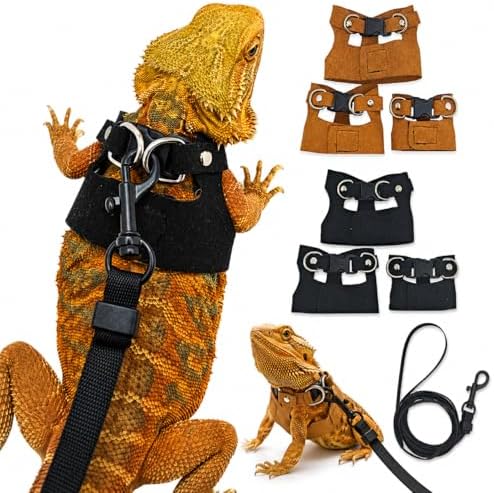 3 Pack Bearded Dragon Harness and Leash Set - Adjustable Soft Leather Vest with 6.89FT Retractable Lead, Escape-Proof Lizard Walking Harness for Reptiles, Squirrels & Small Pets (Black)