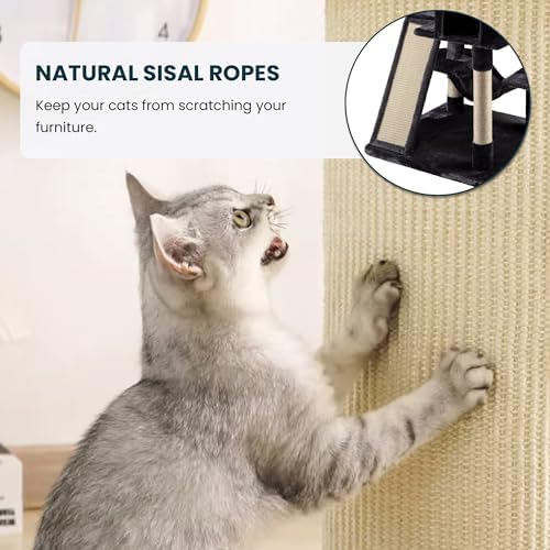 SHA CERLIN 65in Larger Cat Tree Tower Condo for Indoor Kitties/Multi-Level Furniture Activity Center with Wide Base/Cozy Plush Cat Perches/Baskets/Sisal Scratching Posts and Hammock/Dark Grey