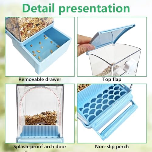 Hamiledyi Automatic Bird Feeder No Mess Bird Cage Feeder Transparent Acrylic Parrot Seed Food Container with Perch Cage Accessories for Parakeet Finch Lovebirds Budgies Canary (Blue)