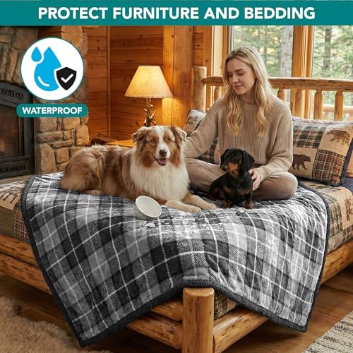 PetAmi Waterproof Dog Blanket for Large Dog Cat Pet, 60x80, Plaid Grey