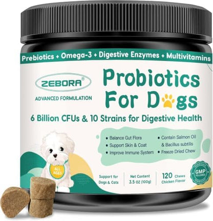 ZEBORA Probiotics for Dogs, Gut & Digestive Health, 120 Freeze-Dried Chews
