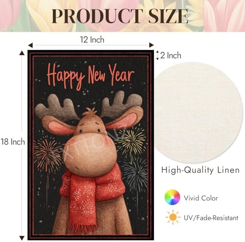 Happy New Year Garden Flag 12x18 Double Sided Vertical Linen Small Fireworks Moose House Flag Welcome Holiday Winter House Outdoor Outside Decorations (27178)