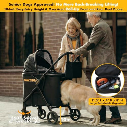 PAWZIDEA Dog Stroller for Large Dogs, No-Zip 180° Canopy, One-Hand Foldable