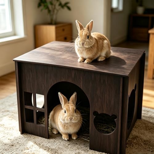 Large Sturdy Wooden Rabbit Castle Hideout with Spacious Balcony, Detachable Bunny Playhouse Hideaway Cage Accessories, Indoor Habitat Toys for Guinea Pig Chinchilla Hamster Gerbil Small Animals