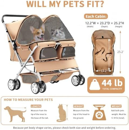 Double Pet Stroller for 2 Dogs & Cats, Side-by-Side, Beige