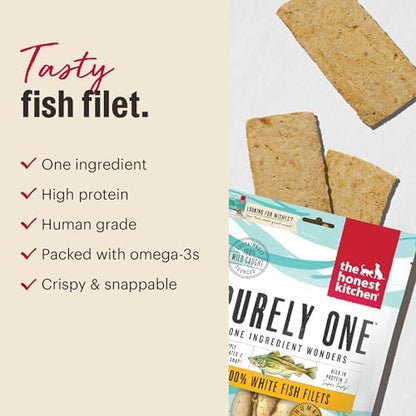 The Honest Kitchen Wishes White Fish Filets Dog Treats, Human Grade Single Ingredient Dehydrated Fish Chews, High Protein Limited Ingredient Training Treats for Dogs, 3 oz