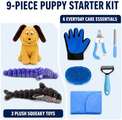 9-Piece Puppy Starter Kit with Squeaky Toys and Grooming Tools, Gift Basket