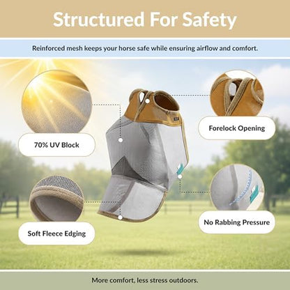 TSZ Horse Fly Mask with Nose Cover - UV Block 70% Breathable Mesh Flymask