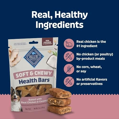 Blue Buffalo Soft & Chewy Health Bars, Baked with Real Chicken & Coconut, Natural Dog Treats Mineral-Enhanced for Flavor, 9 oz. Bag (Pack of 2)