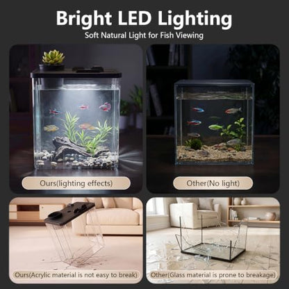 2 Gallon Betta Fish Tank Aquarium Starter Kit with Light and Lid(Black)