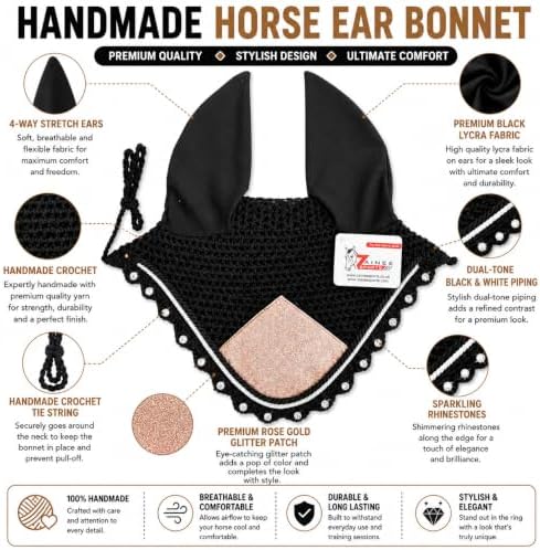 Horse Ear Bonnet for Horses – Handmade Crochet Fly Veil with Crystal Stones, Glitter Patch, Breathable Stretch Ears, Horse Fly Bonnet Ear Bonnet for Riding (Rose Gold, Extra-Full)