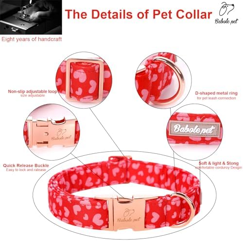 Valentines Dog Collar, Red Pink Heart Valentine Pet Collar with Metal Buckle, Durable Adjustable Holiday Dog Collars for Small Medium Large Dogs S