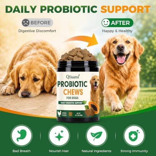 Probiotics for Dogs, 6-Strain Gut Health Blend with Digestive Enzymes, Pumpkin & Papaya, Chicken Flavor Chewable Tablets, 200 Count, Supports Digestive Health for All Breeds