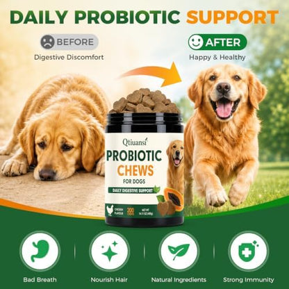 Probiotics for Dogs, 6-Strain Gut Health Blend with Digestive Enzymes, Pumpkin & Papaya, Chicken Flavor Chewable Tablets, 200 Count, Supports Digestive Health for All Breeds