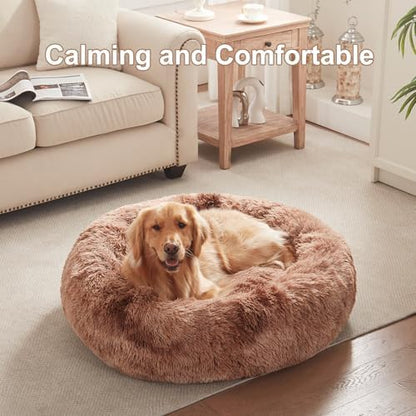 36 in Faux Fur Fluffy Donut Dog Bed for Large Dogs,Tie-dye Brown