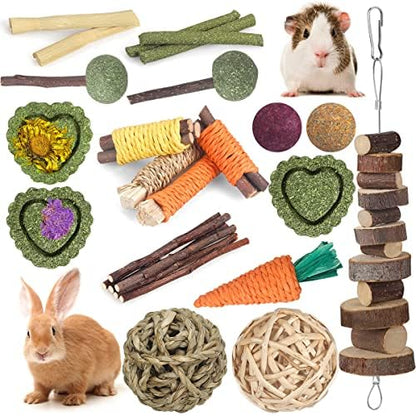 YIXUND Rabbit Toys Bunny Toys 26Pcs Natural Timothy Hay Sticks Apple Wood Sticks Handmade for Guinea Pig Hamster Rat Chinchilla