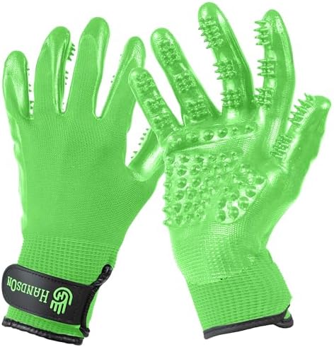 H HANDSON Pet Grooming Gloves - Patented #1 Ranked, Award Winning Shedding, Bathing, & Hair Remover Gloves - Gentle Brush for Cats, Dogs, and Horses (Mono Green, Junior)