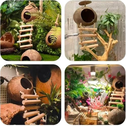 Leopard Gecko Tank Accessories. Reptile Hammock Vines Plants with Coconut Shell Ladder Hideout Hermit Crab Decor for Bearded Dragon Lizard Chameleon Crested Gecko Tortoise Snake