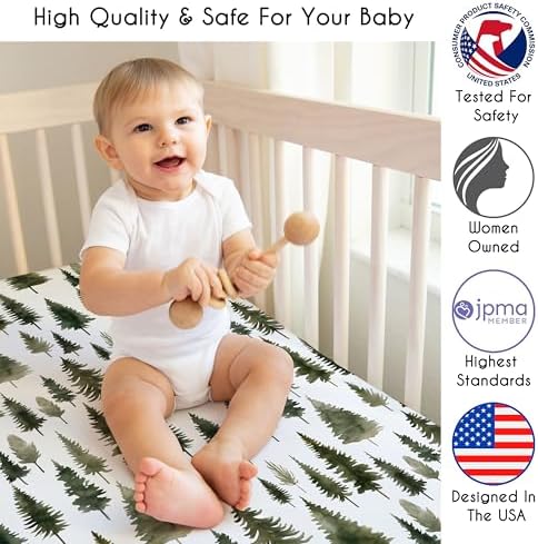 Sweet Jojo Designs 2-Piece Baby Crib Sheets Set (Green Woodland Tree) for Boys or Girls, Infant Nursery, Toddler Room - Standard Size (Neutral, Solid, Forest Pine Trees, Wilderness, Christmas Fir)