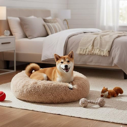 Soft Round Dog & Cat Bed, Anti-Anxiety Donut Cuddler with Anti-Slip Bottom Cozy Fluffy Pet Bed for Medium Large Dogs and Cats, 37inch, Brown