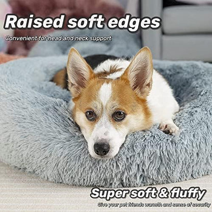 Anti Anxiety Round Fluffy Plush Faux Fur Warm Washable Dog Bed & Cat Bed, Original Bed for Small Medium Large Pets,Used to Relieve Joints and Improve Sleep（20"/24"/27''） (27", Light Grey)
