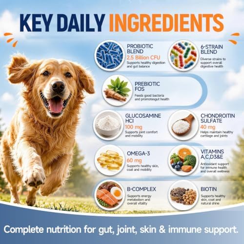 All-in-1 Dog Multivitamin Chewable Supplements & Vitamins with Glucosamine, Probiotics, Omega-3 for Itchy Skin, Hip Joint, Gut, Immune Support,Puppy & Senior – 90 Chews