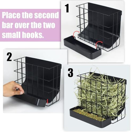 Rabbit Hay Feeder Guinea Pig Hay Holder with Hook Heavy-Duty Metal,Internal Sloping Design，Hay Feeder for Bunny,Rabbit，Chinchillas,Comes with Two Multifunctional Zippers