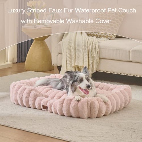 Luxury Dog Beds,Large Sized Dog Washable Furry Pet Beds,Comfort Rectangle Pet Sofa Couch with Ultra,Puppy Beds with Removable Zipper Cover,30x25x7.5inches,Blush Pink