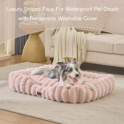 Luxury Dog Beds,Large Sized Dog Washable Furry Pet Beds,Comfort Rectangle Pet Sofa Couch with Ultra,Puppy Beds with Removable Zipper Cover,30x25x7.5inches,Blush Pink