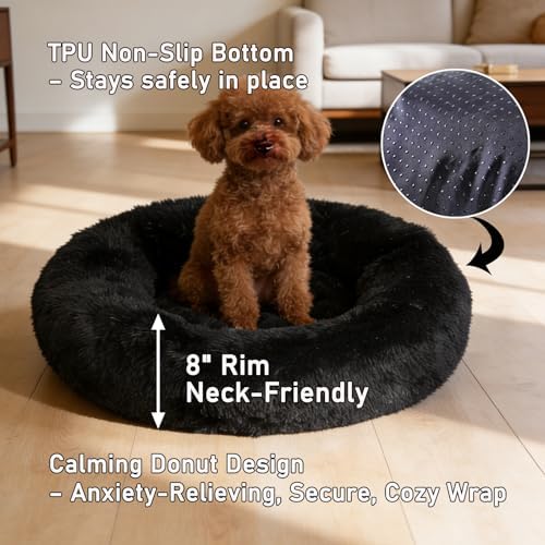 Calming Donut Dog Beds Large Sized Dog - Washable Removable Cover Non-Slip, Round Pet Bed Warming Fluffy Plush Faux Fur Anti-Anxiety Thick Cushion, Fits up to 80 lbs (Black, 36")