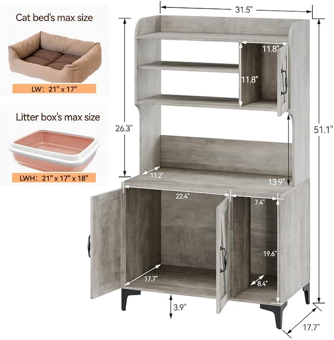 IDEALHOUSE Cat Litter Box Enclosure with Shelves and Doors,Wood Sturdy Hidden Litter Box Furniture,Indoor Cat House Furniture for Most of Litter Box,Litter Box Cabinet,Grey