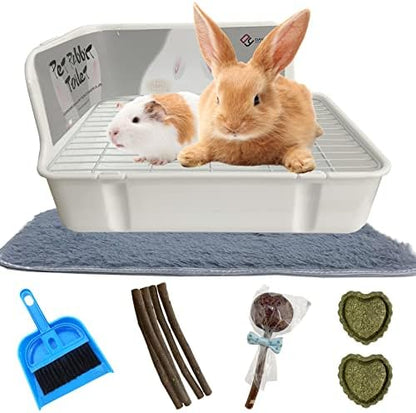 Rabbit Litter Box for Cage Corner Bunny Toilet Small Animal Potty Training with Dustpan Broom Chew Toys for Chinchilla Ferret Hedgehog Gerbil (10 Pcs)