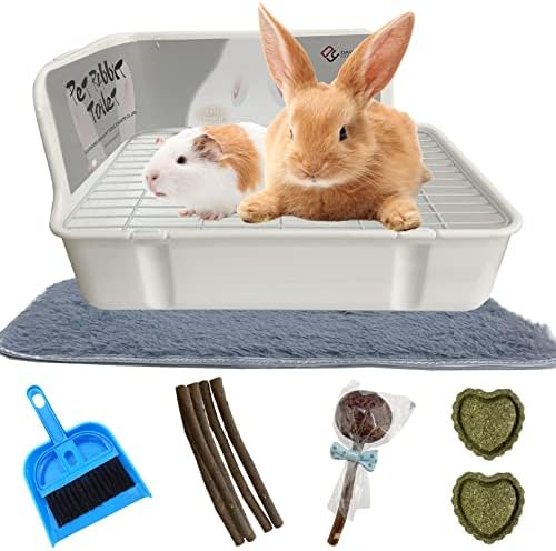Rabbit Litter Box for Cage Corner Bunny Toilet Small Animal Potty Training with Dustpan Broom Chew Toys for Chinchilla Ferret Hedgehog Gerbil (10 Pcs)