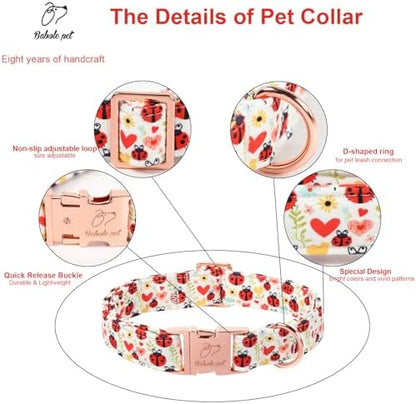 Cute Dog Collar for Large Dogs - Red Ladybug & Blooms Dog Collars, Adjustable Heavy Duty Pet Collar for Dog Moms & Kids with Metal Buckle XL